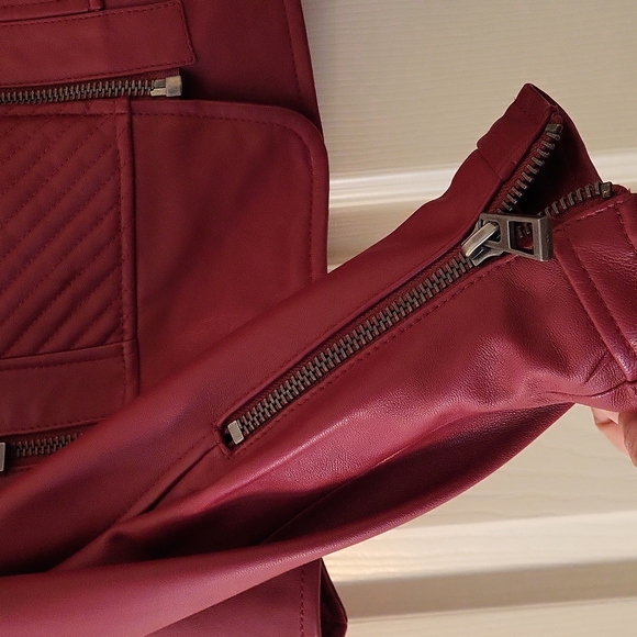 BLANC NOIR BUTTER SOFT LEATHER JACKET.  (BURGUNDY)  ZIPPERS ON ARMS AND POCKETS - Picture 4 of 16